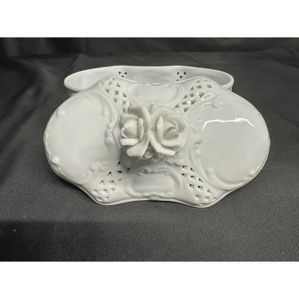 Lefton 60th Anniversary Legacy White Porcelain Rose Lattice Footed Trinket Box